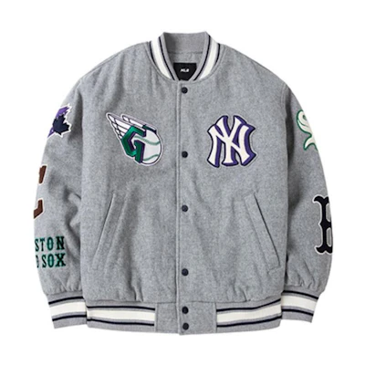 MLB Logo Embroidered Loose Fit Baseball Jacket Unisex Couple Style - Grey 3AJPN0124-00MGS