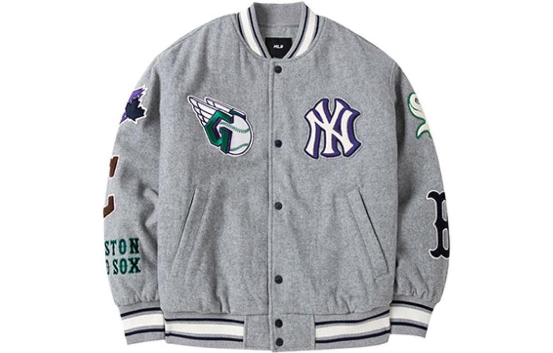 Order MLB Logo Embroidered Loose Fit Baseball Jacket Unisex Couple Style - Grey 3AJPN0124-00MGS