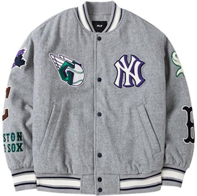 MLB Logo Embroidered Loose Fit Baseball Jacket Unisex Couple Style - Grey 3AJPN0124-00MGS Order MLB Logo Embroidered Loose Fit Baseball Jacket Unisex Couple Style - Grey 3AJPN0124-00MGS