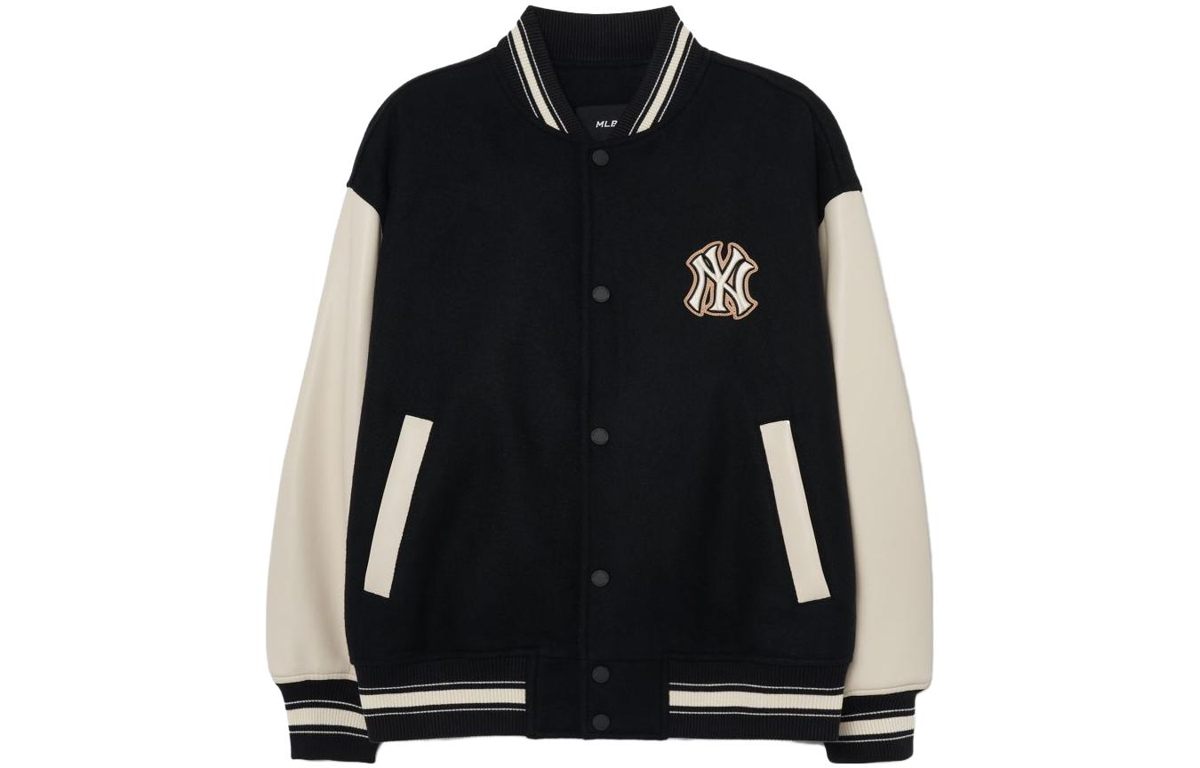 Shop MLB 로고 패치 바시티 야구 자켓 유니섹스 커플룩 블랙 3AJPB0131-50BKS