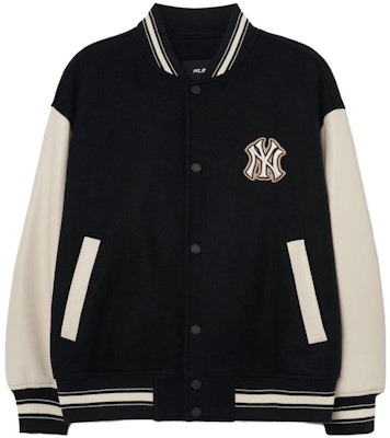 MLB 로고 패치 바시티 야구 자켓 유니섹스 커플룩 블랙 3AJPB0131-50BKS Shop MLB 로고 패치 바시티 야구 자켓 유니섹스 커플룩 블랙 3AJPB0131-50BKS