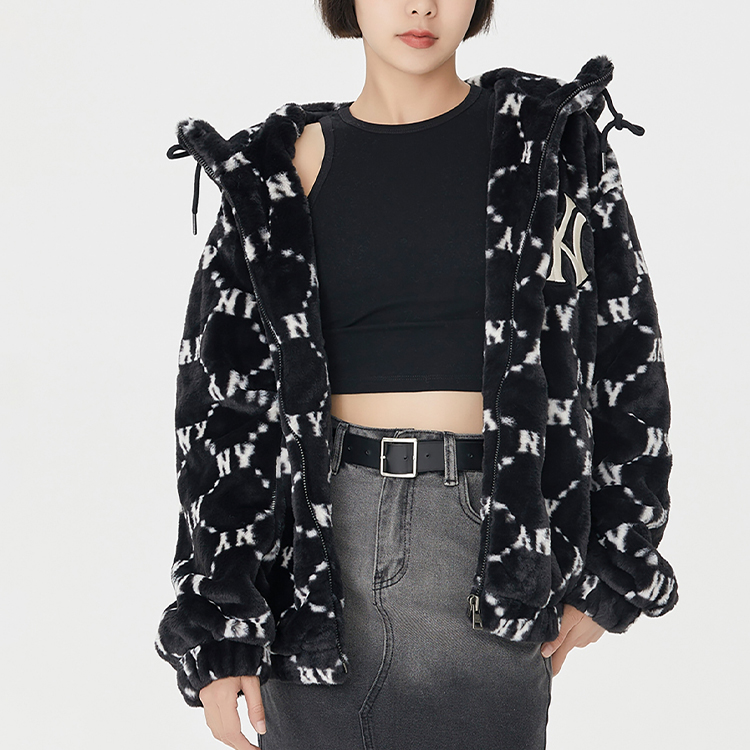 Sizing MLB标志印花羊羔绒连帽外套黑色男女款 3AFDM0226-50BKS