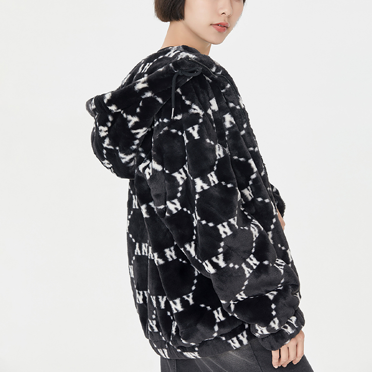 Cheap MLB标志印花羊羔绒连帽外套黑色男女款 3AFDM0226-50BKS