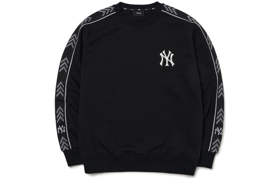 MLB Logo Print Striped Crewneck Pullover Sweatshirt Unisex Black 3AMTS0214