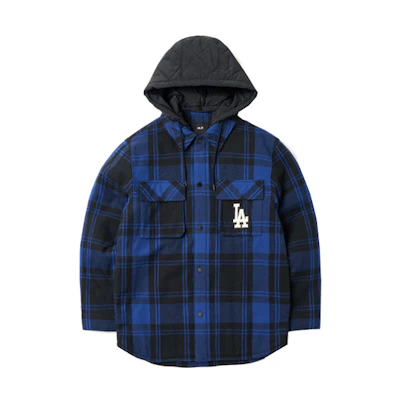 MLB Logo Printed Quilted Plaid Hooded Jacket Unisex - Navy Blue 3APDP0116-07INS