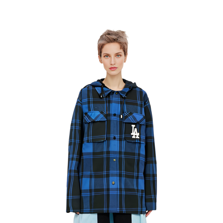 MLB Logo Printed Quilted Plaid Hooded Jacket Unisex - Navy Blue 3APDP0116-07INS 圖 6