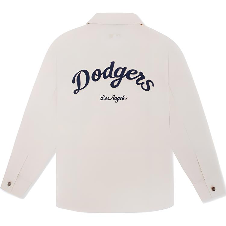 Lookbook MLB Los Angeles Dodgers Varsity Unisex Long Sleeve Shirt in Cream. 3ADRV0144-07CRD