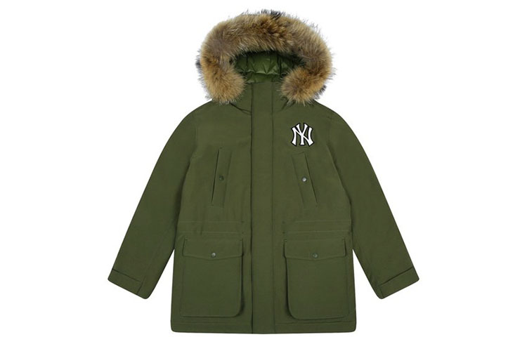 MLB Military Green Fur Hooded Down Parka Unisex Winter Mid-Length Coat 31DJCH061