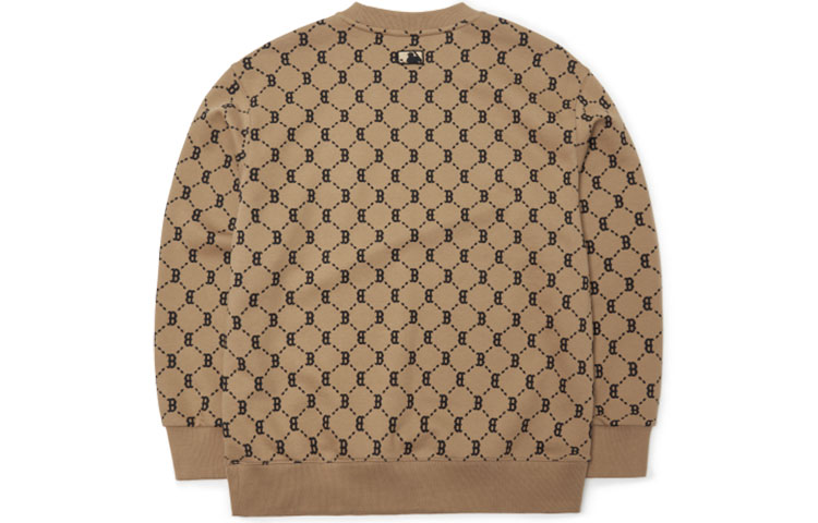 Lookbook MLB 波士頓紅襪標誌棕色男女休閒圓領運動衫。 3AMTM0314-43BGD