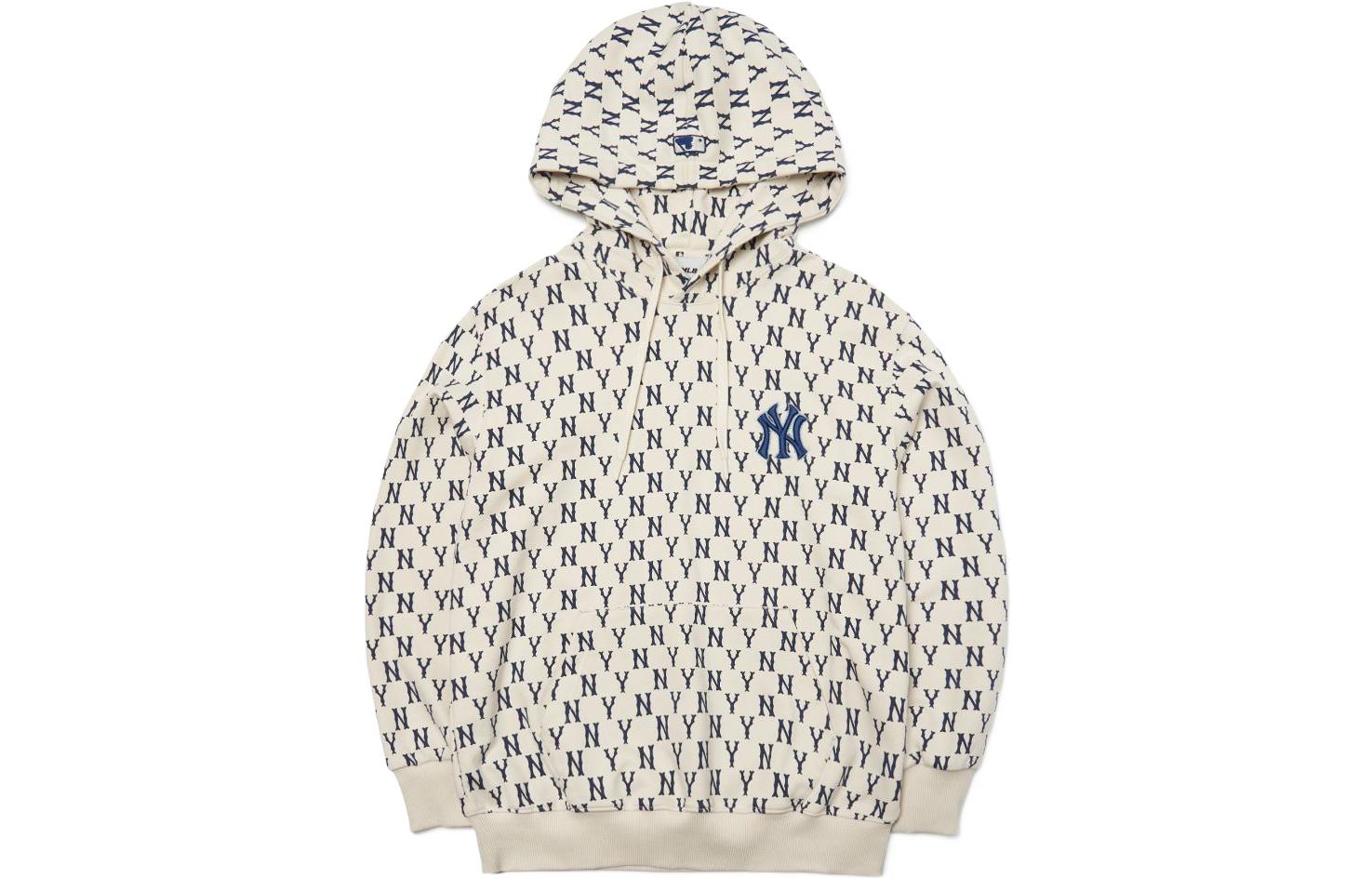 MLB Monogram Floral Hoodie Cream Unisex Loose Fit Long Sleeve Pullover. 3AHDM0221-50CRS