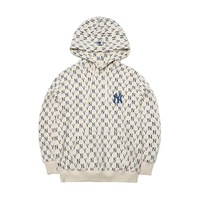MLB Monogram Floral Hoodie Cream Unisex Loose Fit Long Sleeve Pullover. 3AHDM0221-50CRS