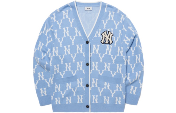 Order MLB Monogram New York Yankees Colorblock Knit Cardigan Unisex Light Blue 3AKCM0121-50BLL