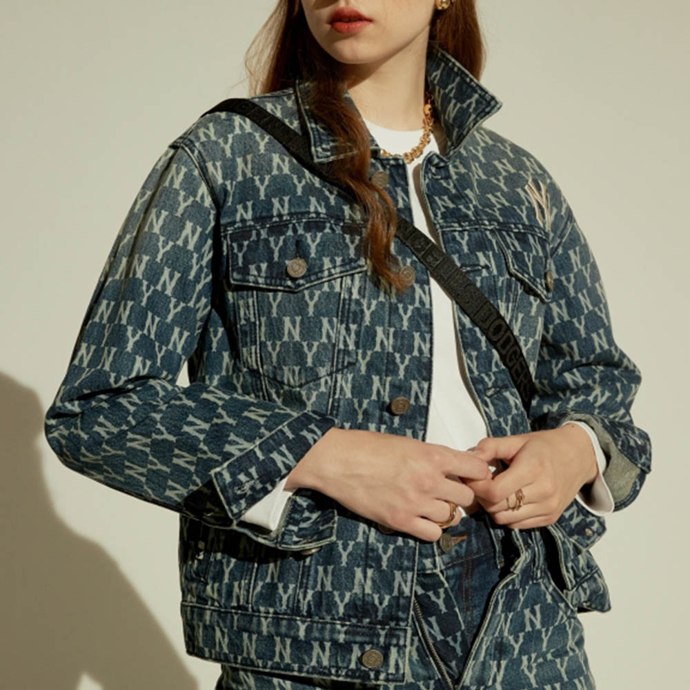Shop MLB Monogram New York Yankees Denim Jacket Unisex Blue 31JPN3041-50U