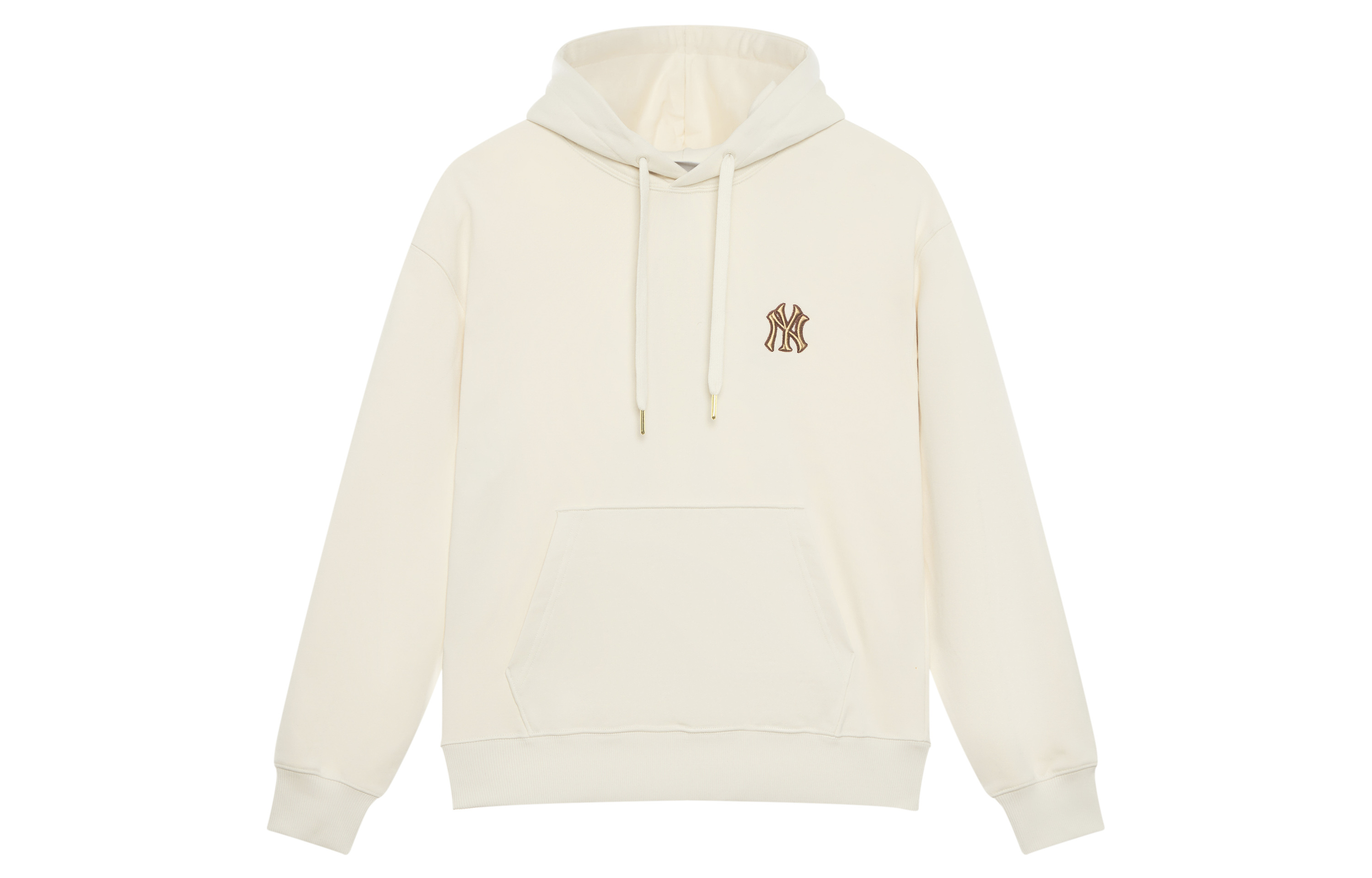 Lookbook MLB 字紋紐約洋基隊奶油色寬鬆連帽衫男女休閒穿搭 3AHDM0144-50CRD
