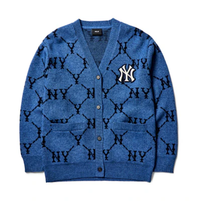 MLB Monogram New York Yankees V-Neck Cardigan Knit Unisex Blue 3AKTM0214-50BLD