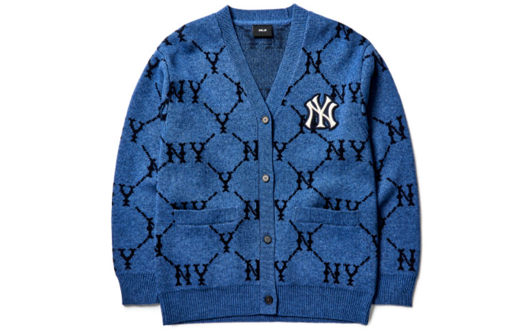 Order MLB Monogram New York Yankees Cardigan Leher V Unisex Biru 3AKTM0214-50BLD