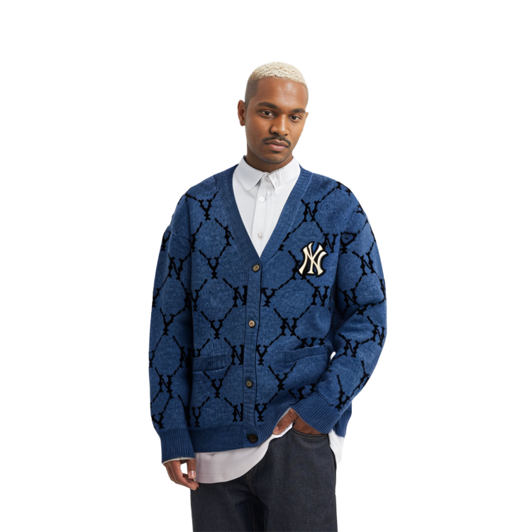 Purchase MLB Monogram New York Yankees Cardigan Leher V Unisex Biru 3AKTM0214-50BLD