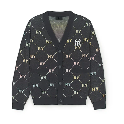 MLB Monogram New York Yankees V-Neck Knit Cardigan Unisex Black Long Sleeve. 3AKCM0244-50CGS