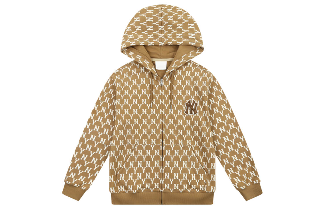 MLB Monogram New York Yankees Zipper Cotton Hoodie Unisex Khaki 31TRM6041-50B