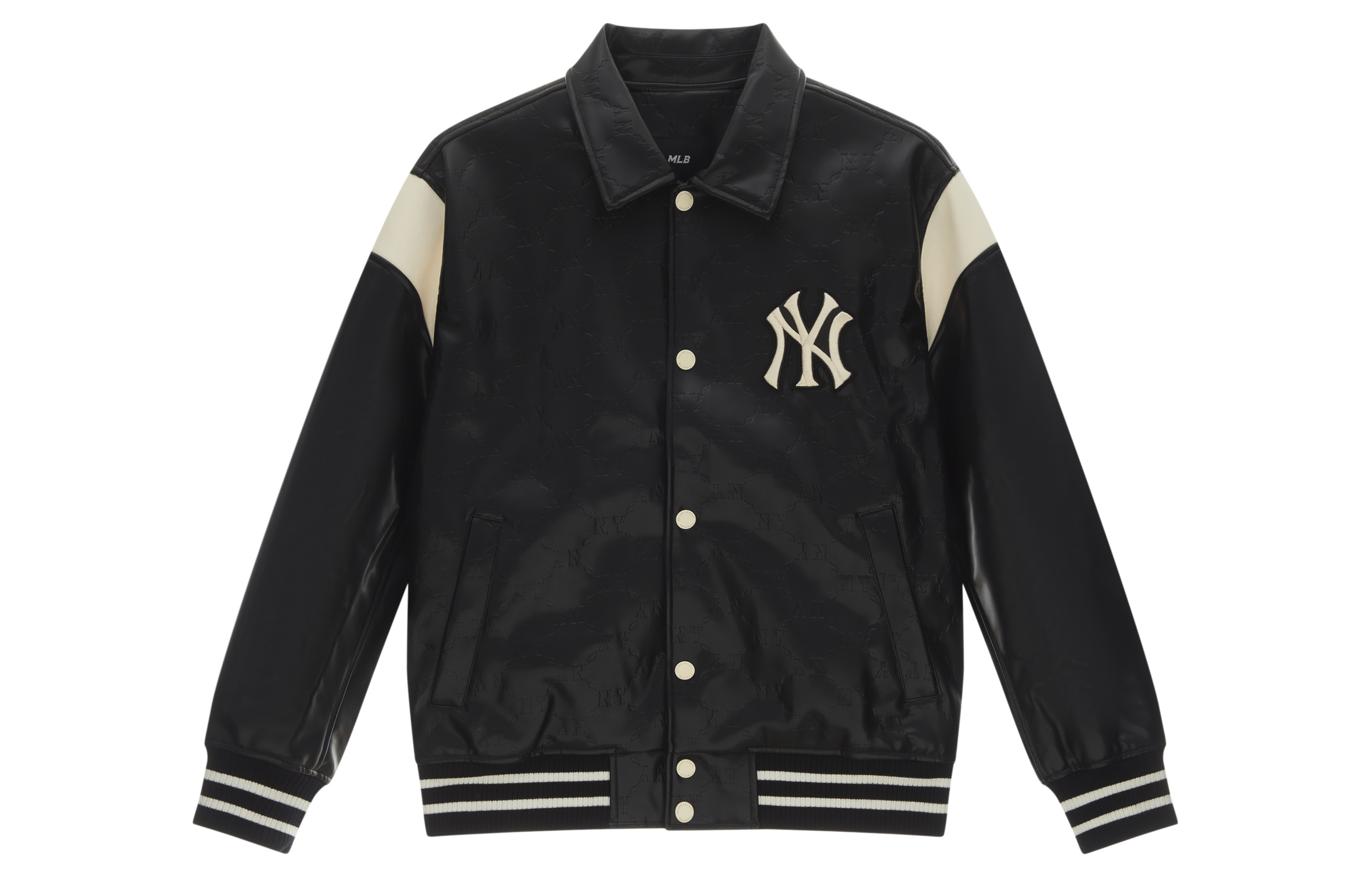 MLB Monogram NY Yankees Black Leather Baseball Jacket 24FW Unisex Diamond Print. 3AJPM0444-50BKS