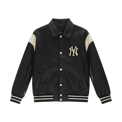 MLB Monogram NY Yankees Black Leather Baseball Jacket 24FW Unisex Diamond Print. 3AJPM0444-50BKS