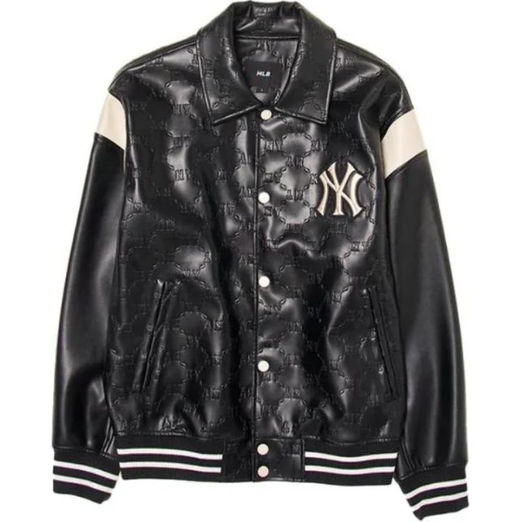 Order MLB Monogram NY Yankees Black Leather Baseball Jacket 24FW Unisex Diamond Print. 3AJPM0444-50BKS
