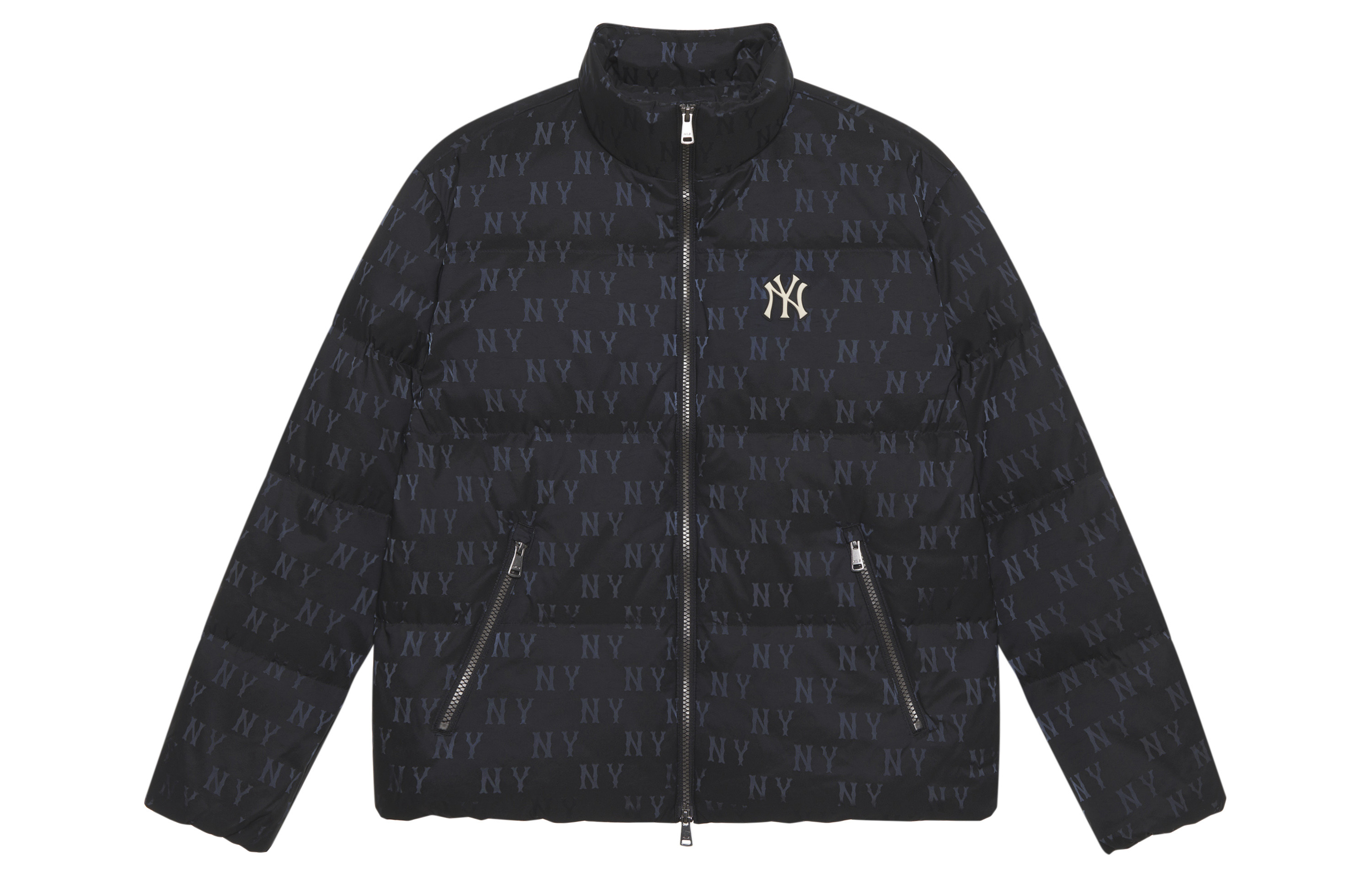 MLB Monogram NY Yankees Black Unisex Puffer Jacket with Adjustable Hem. 3ADJM0346-50BKS