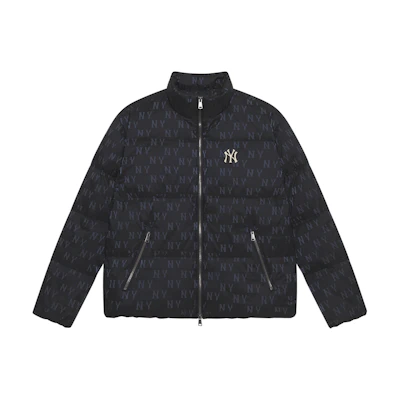 MLB Monogram NY Yankees Black Unisex Puffer Jacket with Adjustable Hem. 3ADJM0346-50BKS