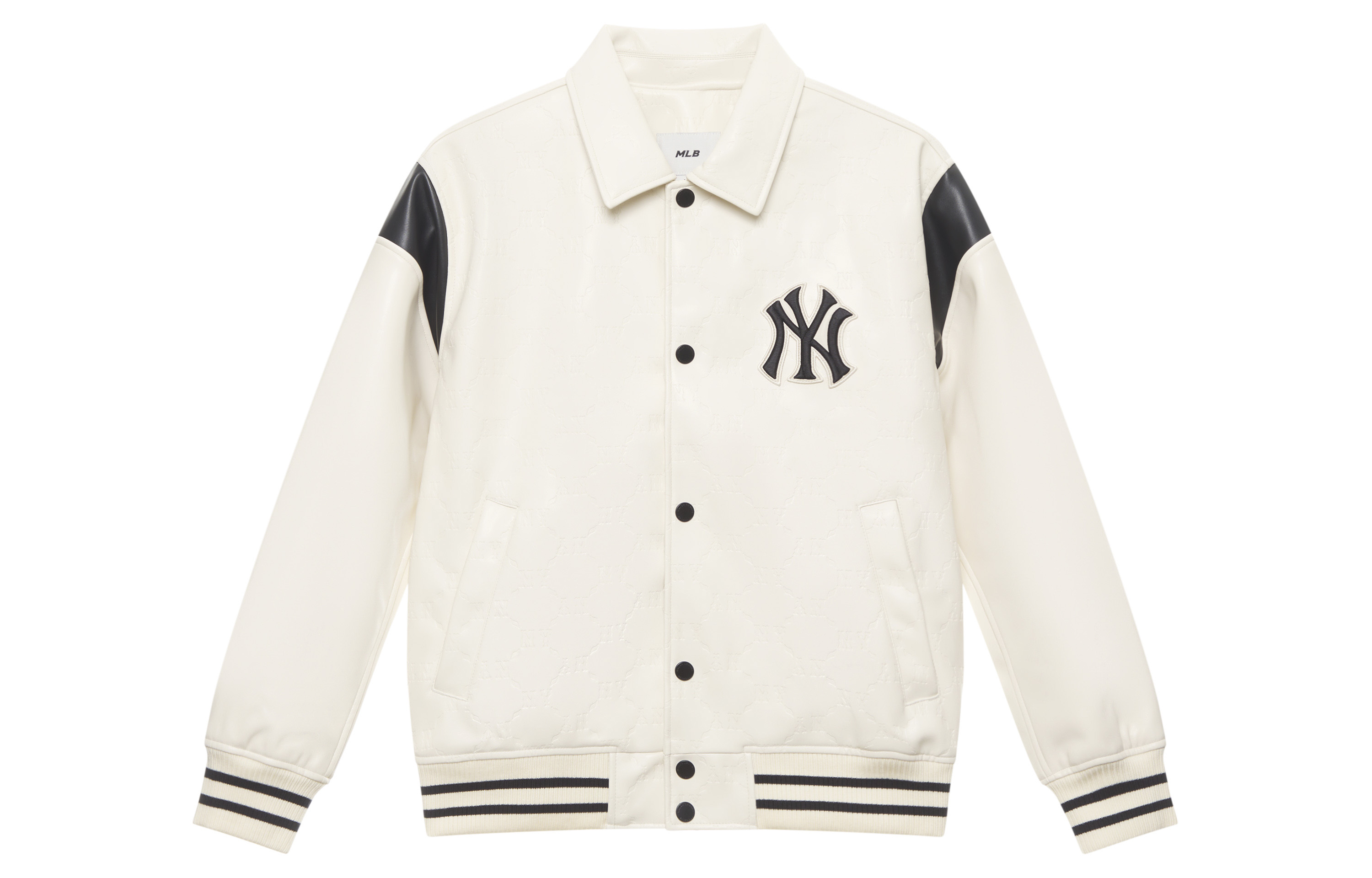 MLB Monogram NY Yankees Diamond Print Faux Leather Jacket Cream Unisex. 3AJPM0444-50CRD