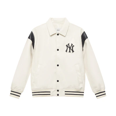 MLB Monogram NY Yankees Diamond Print Faux Leather Jacket Cream Unisex. 3AJPM0444-50CRD