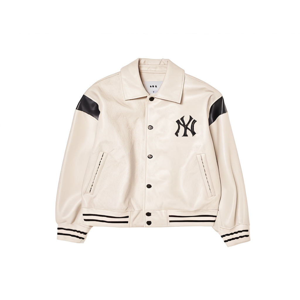 Order MLB Monogram NY Yankees Diamond Print Faux Leather Jacket Cream Unisex. 3AJPM0444-50CRD
