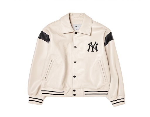 MLB Monogram NY Yankees Diamond Print Faux Leather Jacket Cream Unisex. 3AJPM0444-50CRD Order MLB Monogram NY Yankees Diamond Print Faux Leather Jacket Cream Unisex. 3AJPM0444-50CRD