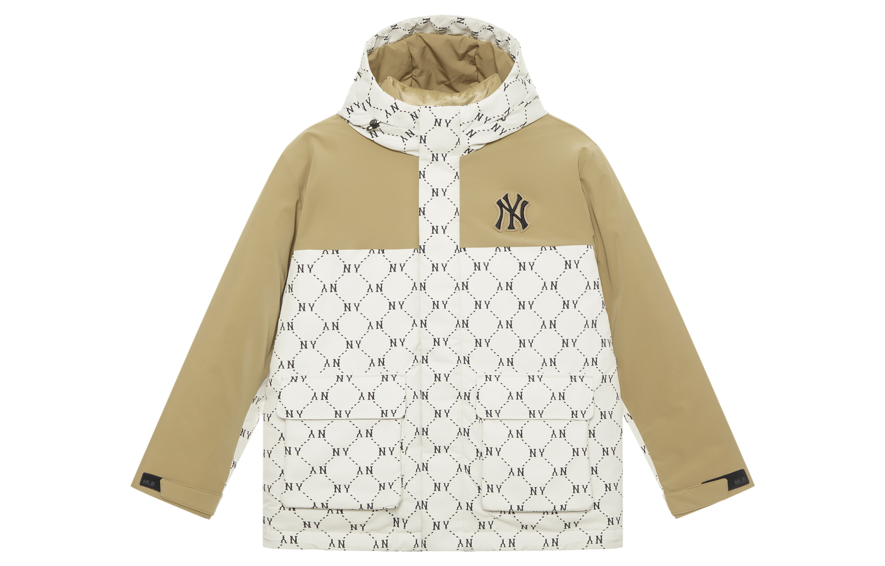 MLB Monogram NY Yankees FW24 Letter Print Hooded Puffer Jacket Cream Unisex. 3ADJM0846-50CRD