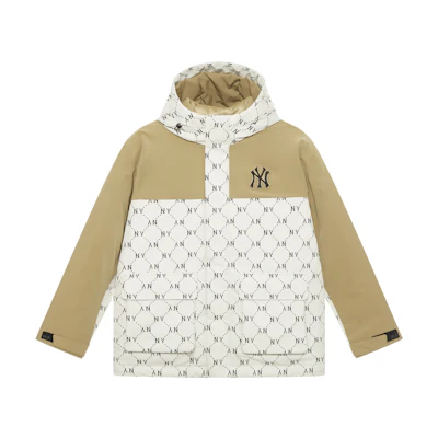 MLB Monogram NY Yankees FW24 Letter Print Hooded Puffer Jacket Cream Unisex. 3ADJM0846-50CRD