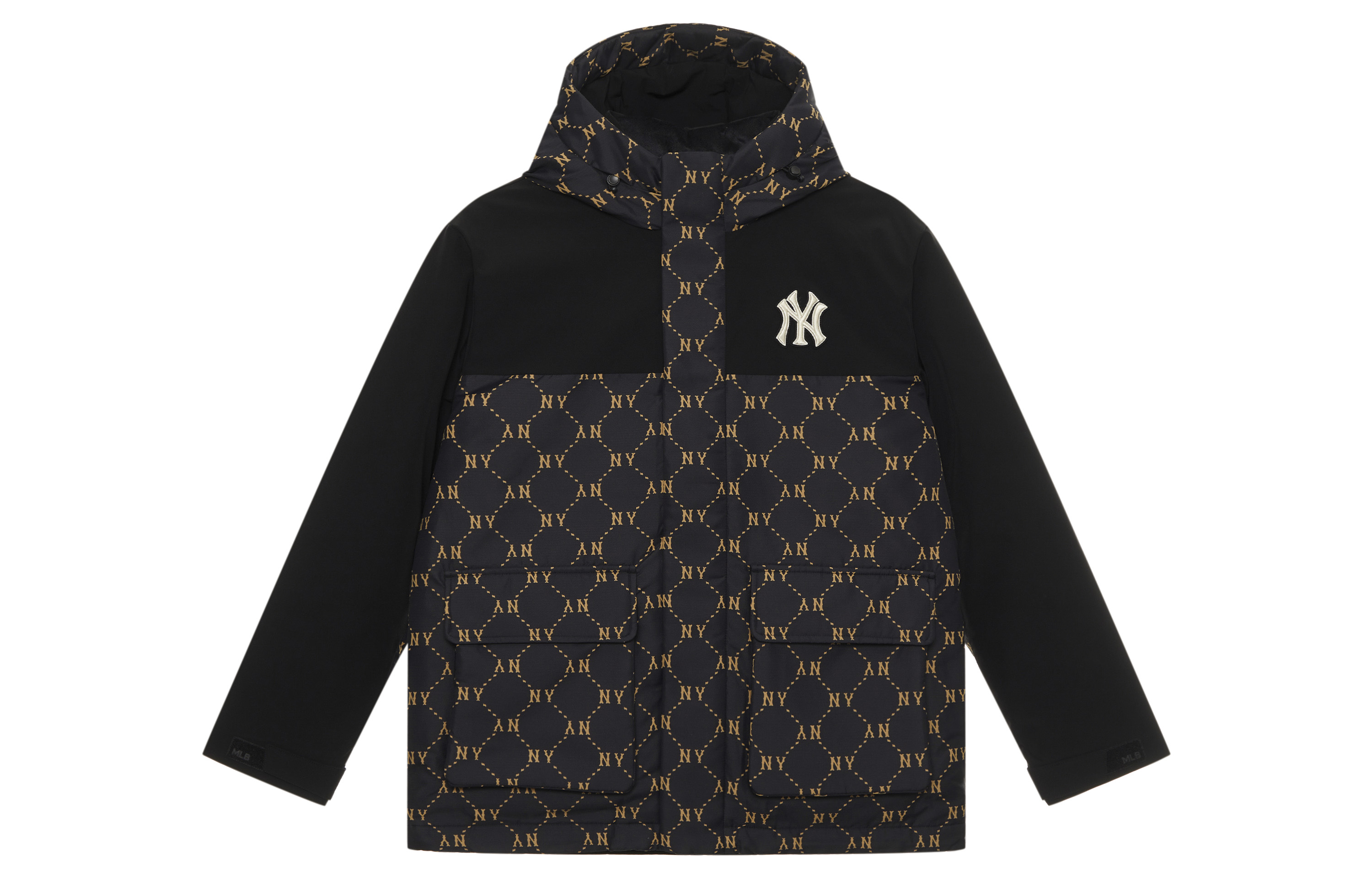 MLB Monogram NY Yankees FW24 Letter Print Patchwork Hooded Down Jacket Black Unisex. 3ADJM0846-50BKS