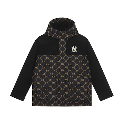 MLB Monogram NY Yankees FW24 Letter Print Patchwork Hooded Down Jacket Black Unisex. 3ADJM0846-50BKS
