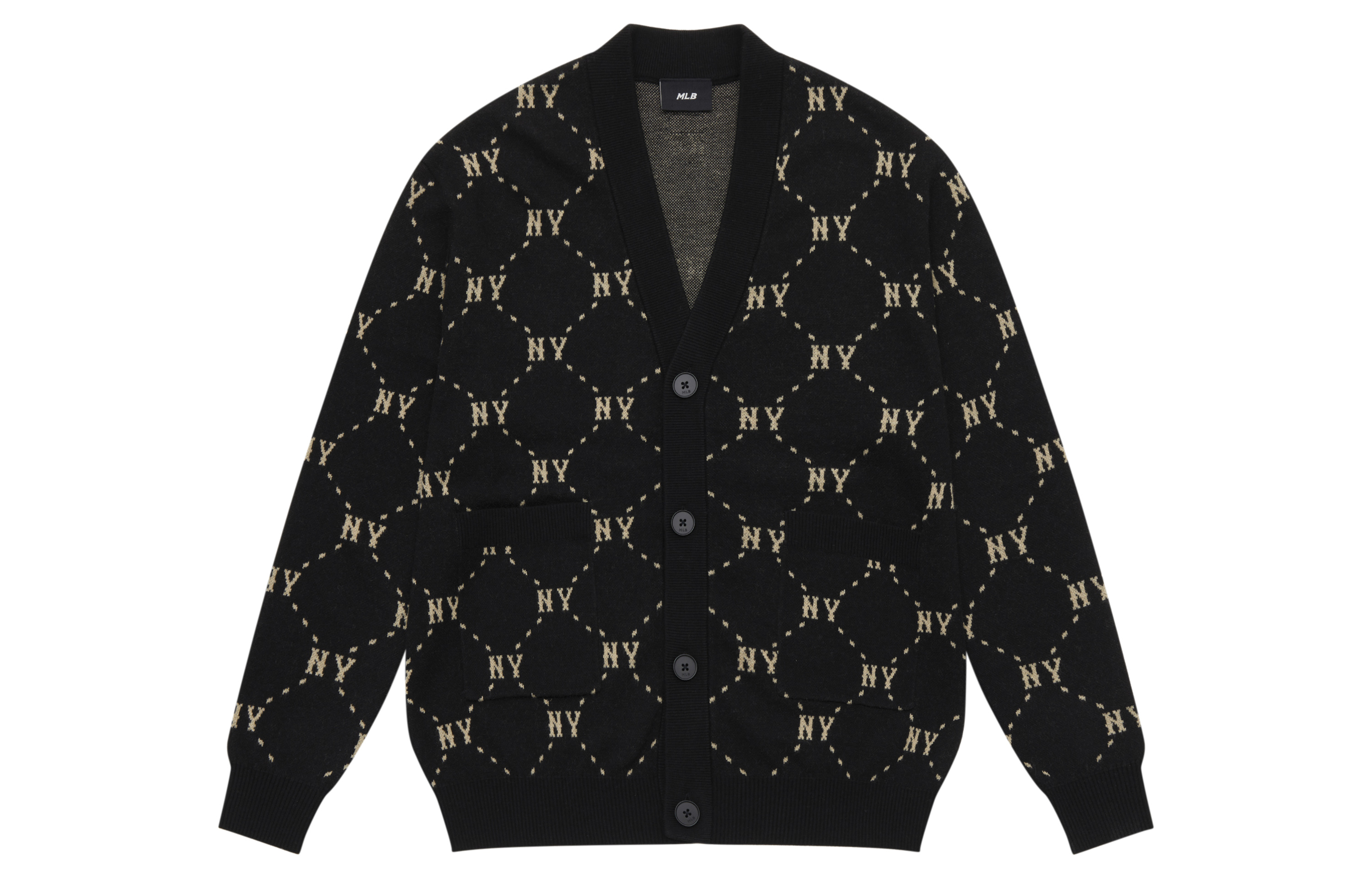 MLB Monogram NY Yankees FW24 V-Neck Diamond Logo Knit Sweater Unisex Black. 3AKCM0144-50BKS