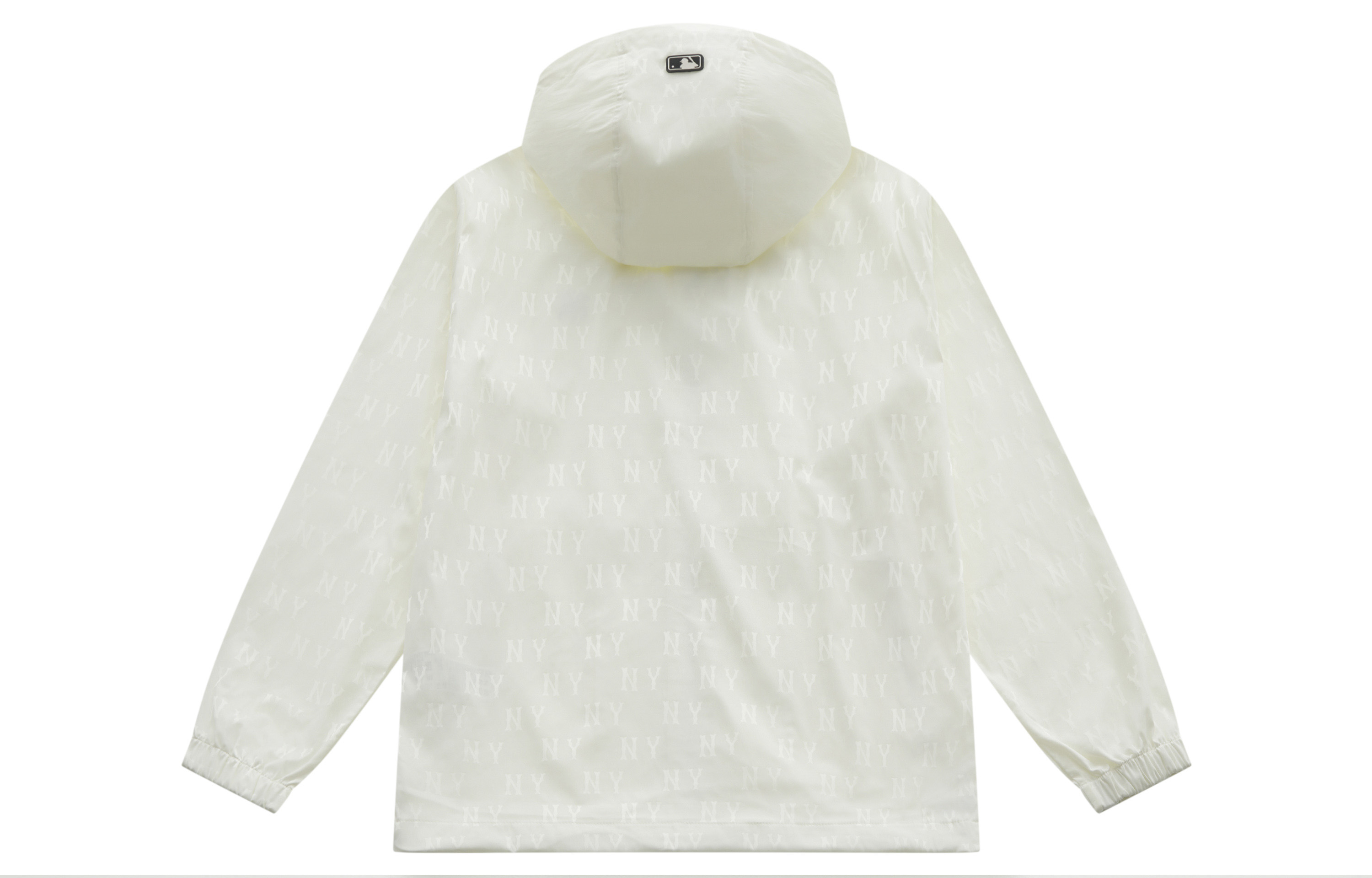 Lookbook MLB 經典紐約洋基防水防風連帽外套 白色 男女休閒款式。 3AWJM0453-50IVS