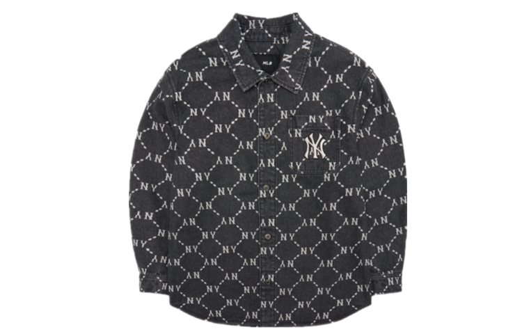 MLB Monogram Print Denim Retro Long Sleeve Shirt Unisex Black. 3ADRMN421-50BKS
