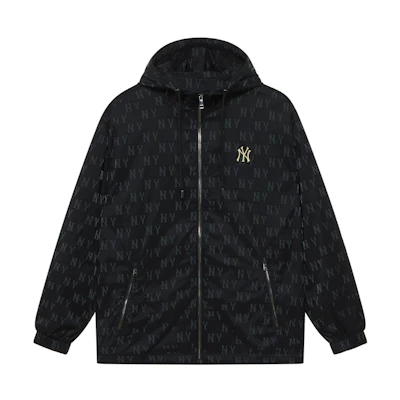 MLB Monogram Yankees 24FW Black Logo Print Windproof Hooded Jacket Unisex 3AWJM0444-50BKS