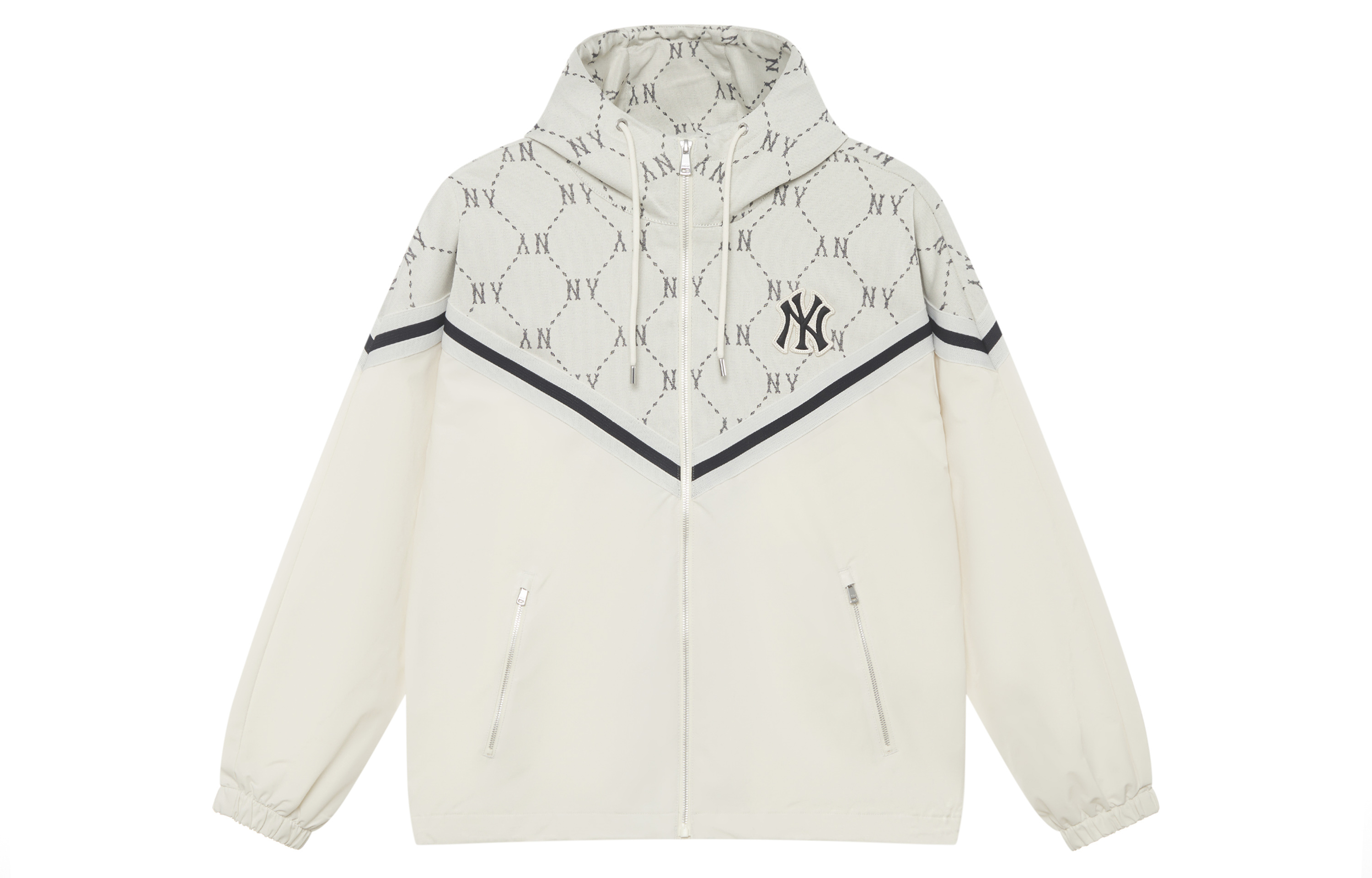 MLB Monogram Yankees 24FW V-Pattern Patchwork Embroidered Logo Hoodie Jacket Cream. 3AWJM0144-50CRD
