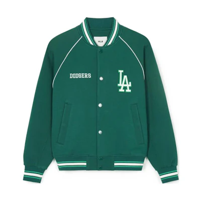 MLB Naglan Los Angeles Dodgers Logo Print V-Neck Retro Jacket Green Unisex 3AJPV0841-07GND