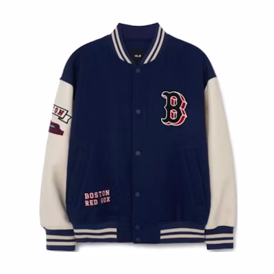 MLB Navy Blue Couple's Varsity Baseball Jacket with Colorblock Letter Print. 3AJPV0131-43NYS