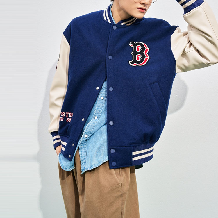MLB Navy Blue Couple's Varsity Baseball Jacket with Colorblock Letter Print. 3AJPV0131-43NYS 圖 6
