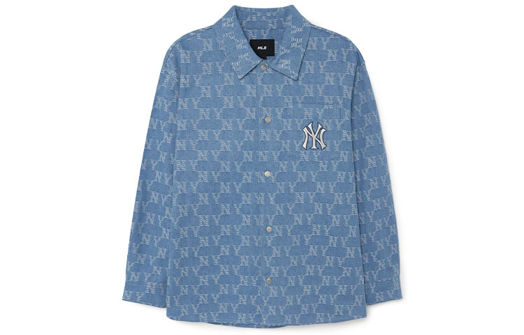 Order MLB New York Yankees All-Over Denim Jacquard Long Sleeve Shirt Blue Unisex 3ADRM0131-50INS