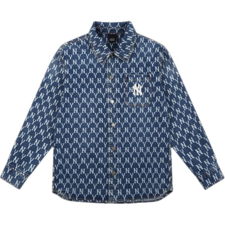 MLB New York Yankees All-Over Logo Denim Shirt Dark Blue Unisex Long Sleeve 31WSN3111-50U
