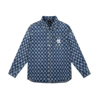 MLB New York Yankees All-Over Logo Denim Shirt Dark Blue Unisex Long Sleeve 31WSN3111-50U