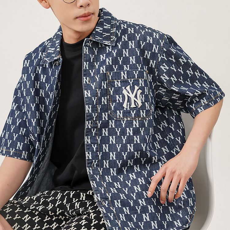 Cheap MLB New York Yankees Classic Logo Denim Short-Sleeve Shirt Unisex Blue. 3ADRMN123-50BLS