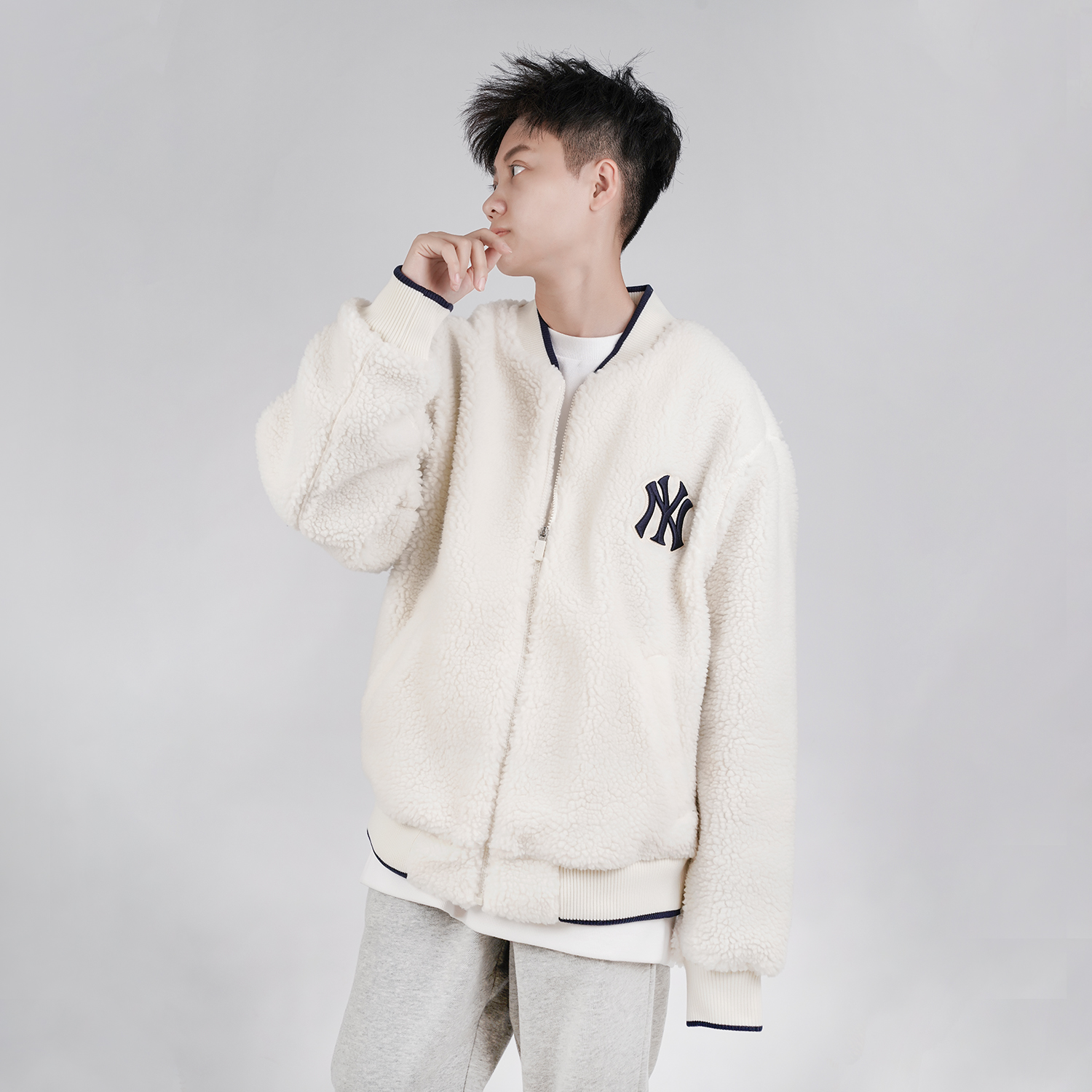 MLB New York Yankees Fleece Jacket Unisex Ivory White 31JPF1061-50I 圖 5