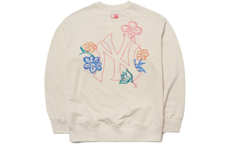 Lookbook MLB 紐約洋基花卉刺繡標誌圓領衛衣 男女款 米白色 3AMTG0214-50CRS